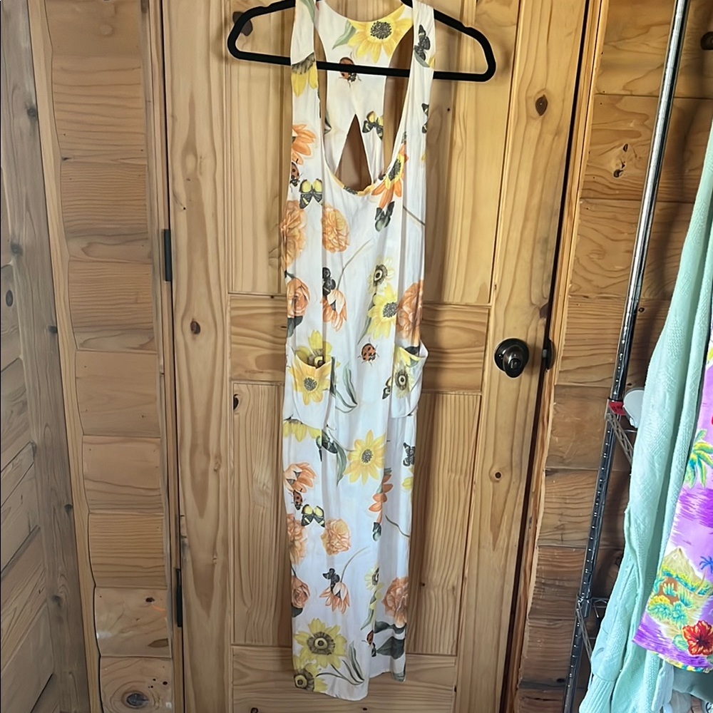 Vintage Floral Garden Maxi Dress with Sunflower and Ladybug Print